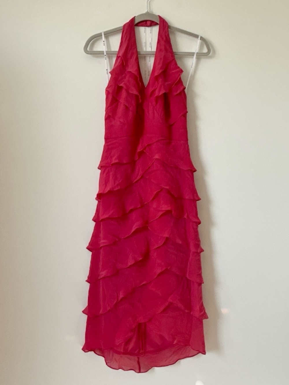 Vintage Y2K Tadashi Collection pink silk ruffle halter dress size 6